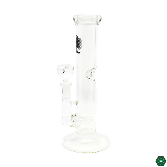 Close-up of Bubsy Glass 9” Straight Tube, showcasing its 4-hole inline perc and ice catcher for a smoother, cooler dabbing experience.