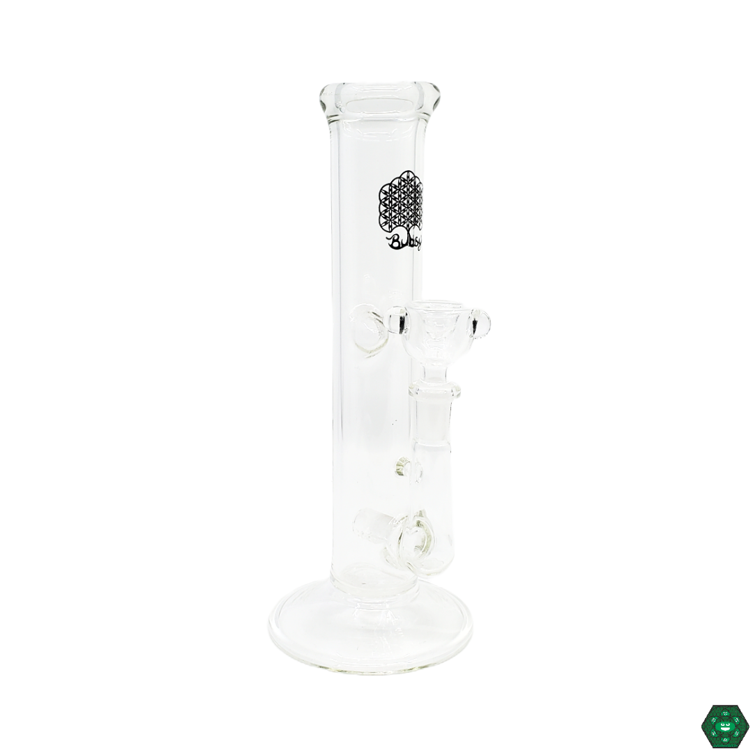 Bubsy Glass 9” Straight Tube featuring a sleek black logo, 4-hole inline perc, and ice catcher for smooth, cool hits. Comes with a 14mm male slide