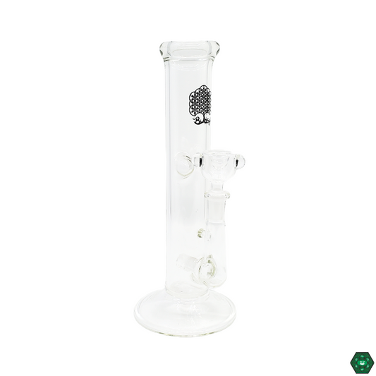 Bubsy Glass 9” Straight Tube featuring a sleek black logo, 4-hole inline perc, and ice catcher for smooth, cool hits. Comes with a 14mm male slide