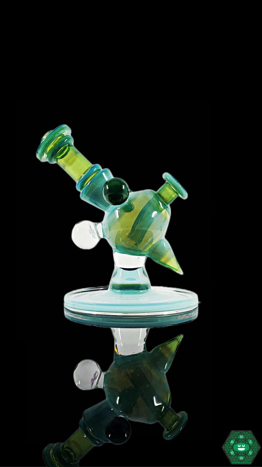 Cajun Glass Full-Color Heliosphere Details: Close-up showcasing the vibrant colors and unique two-hole percolator design of this glass piece, highlighting its functionality and artistic appeal