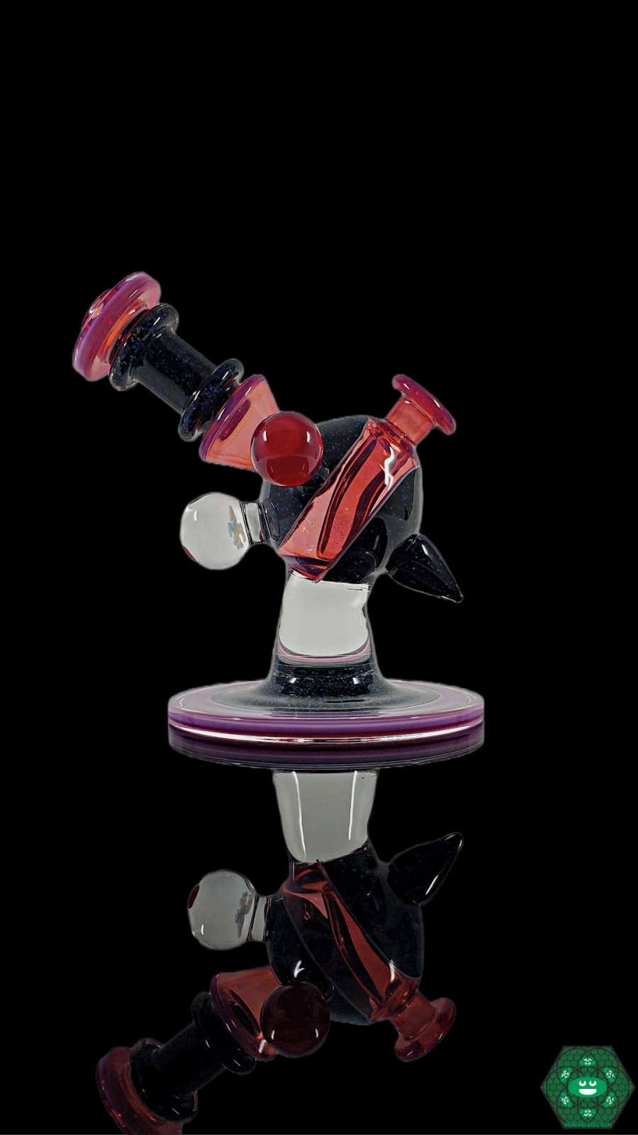  Cajun Glass Telemagenta Crushed Opal Heliosphere Details: Close-up showcasing the crushed opal accents and UV-reactive glass of this luxurious piece, highlighting its stunning visual appeal and versatile 10mm female joint.