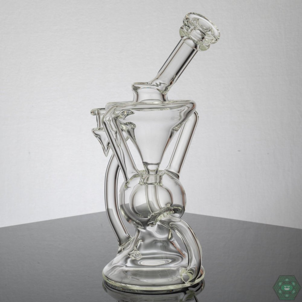 Cramboro Glass Emerald Recycler – Elegant 8-inch design with hollow foot, single uptake, 3-hole perc, and durable construction for smooth hits.
