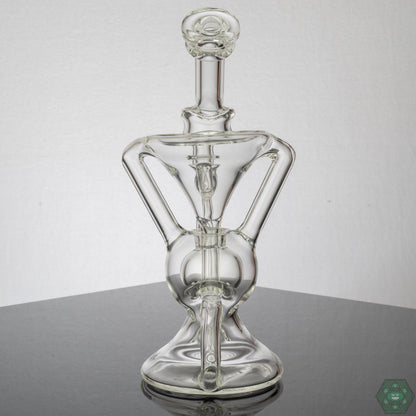 Cramboro Glass Emerald Recycler – 8-inch glass rig with hollow foot, 3-hole perc, and single uptake, designed for high-quality dabbing sessions.

