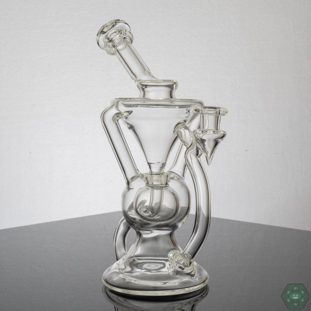 Cramboro Glass Emerald Recycler – 8-inch rig with hollow foot, single uptake, and 3-hole perc for smooth filtration and stylish functionality.
