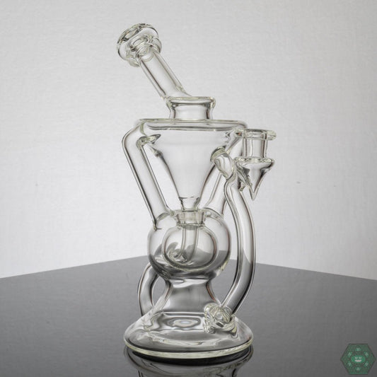 Cramboro Glass Emerald Recycler – 8-inch rig with hollow foot, single uptake, and 3-hole perc for smooth filtration and stylish functionality.