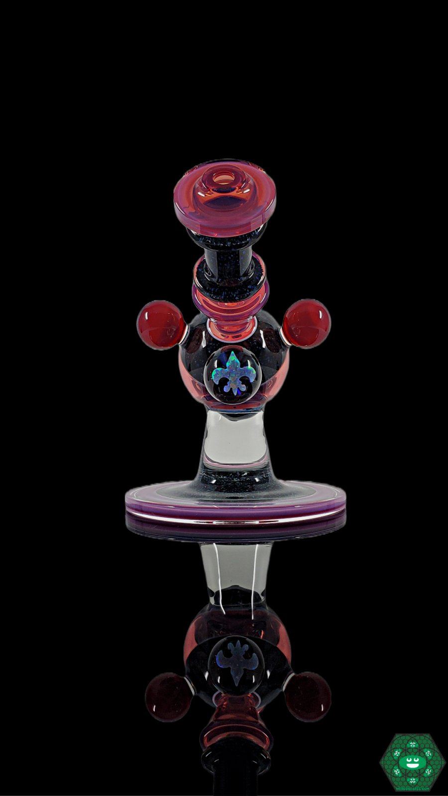  Crushed Opal Glass Piece: The Cajun Glass Telemagenta Crushed Opal Heliosphere combines luxurious crushed opal accents with a 10mm female joint and UV-reactive glass for a visually stunning and versatile collectible.