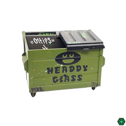  Close-up of Headdy Logo on Dab Dumpsters, highlighting the unique design and branding that make this container a stylish addition to any dabber’s toolkit.