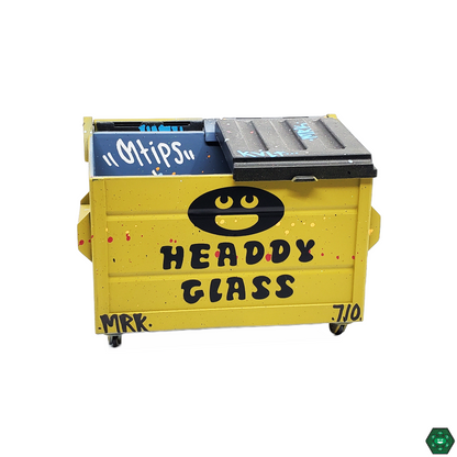 Corner view of Dab Dumpsters with Headdy Logo, emphasizing its compact shape and functional design for storing dab concentrates efficiently.
