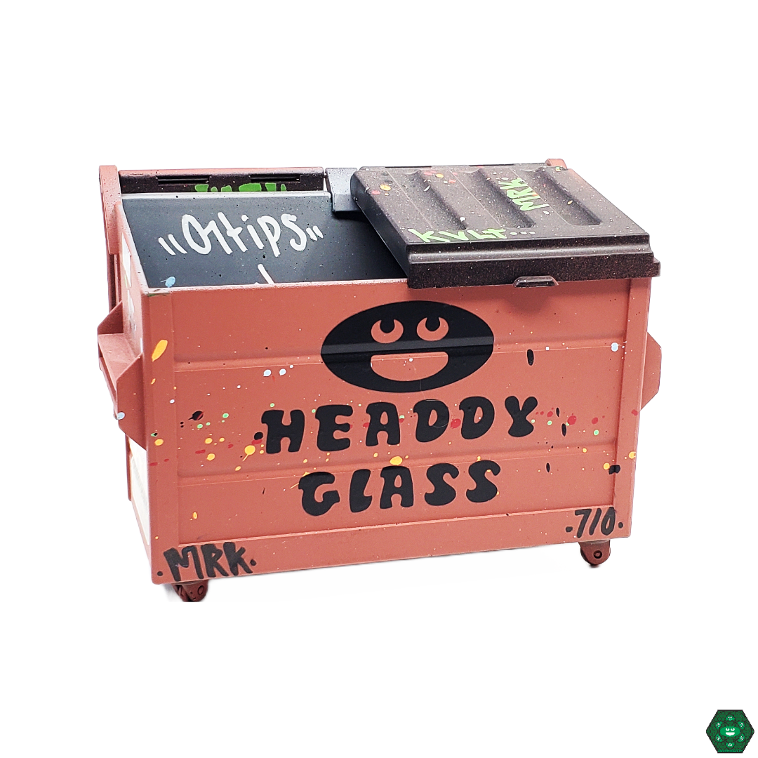 Dab Dumpsters with Headdy Logo on display, demonstrating its unique design and versatility as a premium concentrate storage option.