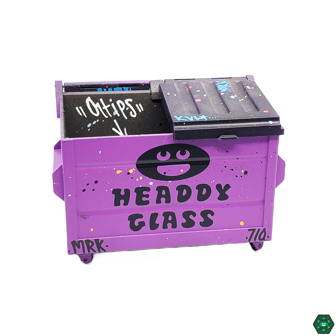 Top view of Dab Dumpsters with Headdy Logo, showcasing its secure lid and compact design for convenient concentrate storage.