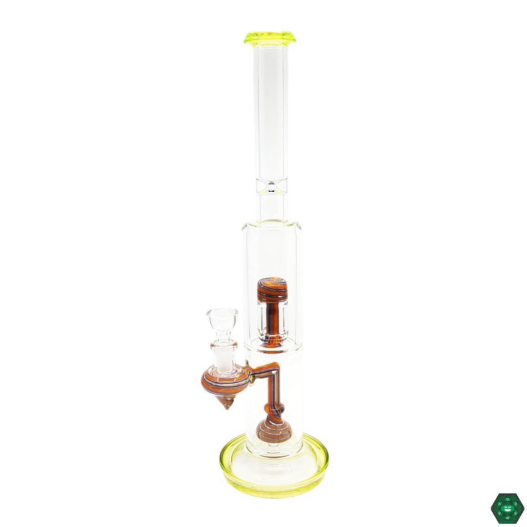 Davey Cakes Glass 14.25-Inch Illuminati Straight Tube featuring dual 8-hole and 7-hole showerhead percs for smooth filtration, with Illuminati and linework accents for an artistic look.