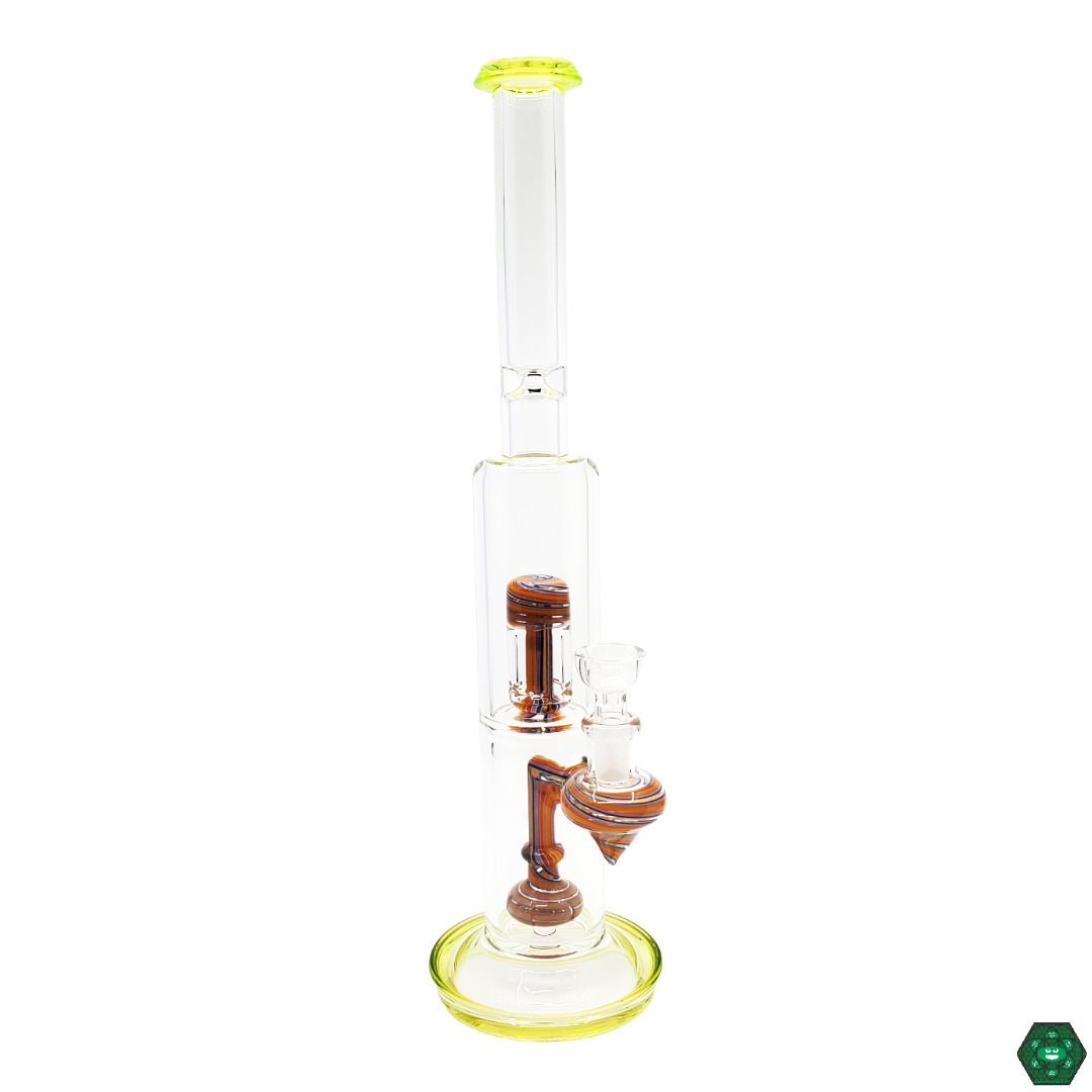 Davey Cakes Glass 14.25-Inch Illuminati Straight Tube in use, demonstrating its dual showerhead percs and 14MM female joint for smooth, efficient filtration and a premium dabbing experience.