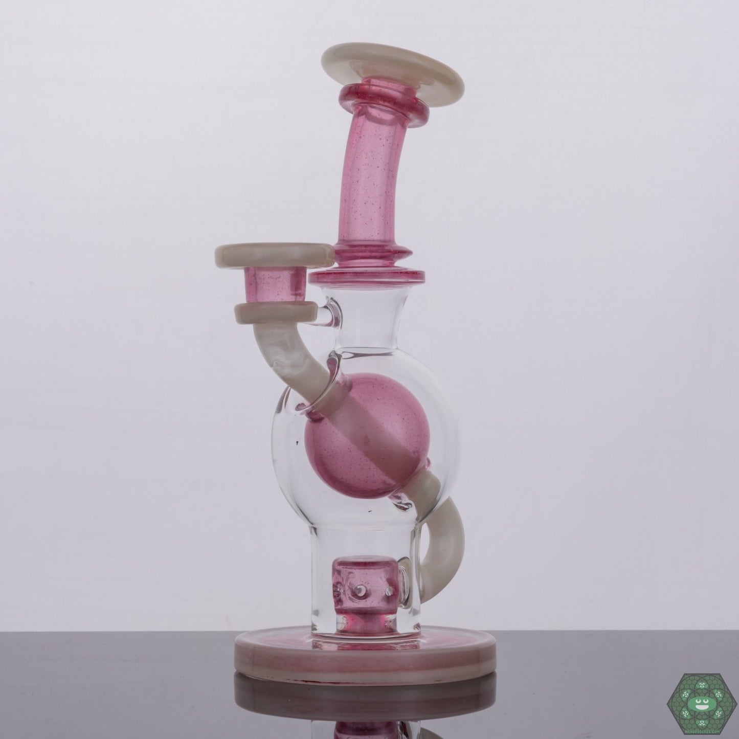  DBE 503 Glass Crushed Opal Ball Rig, a 14mm female heady glass rig boasting a stunning Bone White Satin finish with Phoenix Crushed Opal, featuring a precise 5-hole perc for smooth pulls, measuring 8.25 inches tall, merging sophisticated design with premium functionality, a standout piece for glass art collectors.