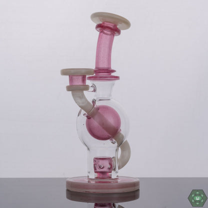  DBE 503 Glass Crushed Opal Ball Rig, a 14mm female heady glass rig boasting a stunning Bone White Satin finish with Phoenix Crushed Opal, featuring a precise 5-hole perc for smooth pulls, measuring 8.25 inches tall, merging sophisticated design with premium functionality, a standout piece for glass art collectors.