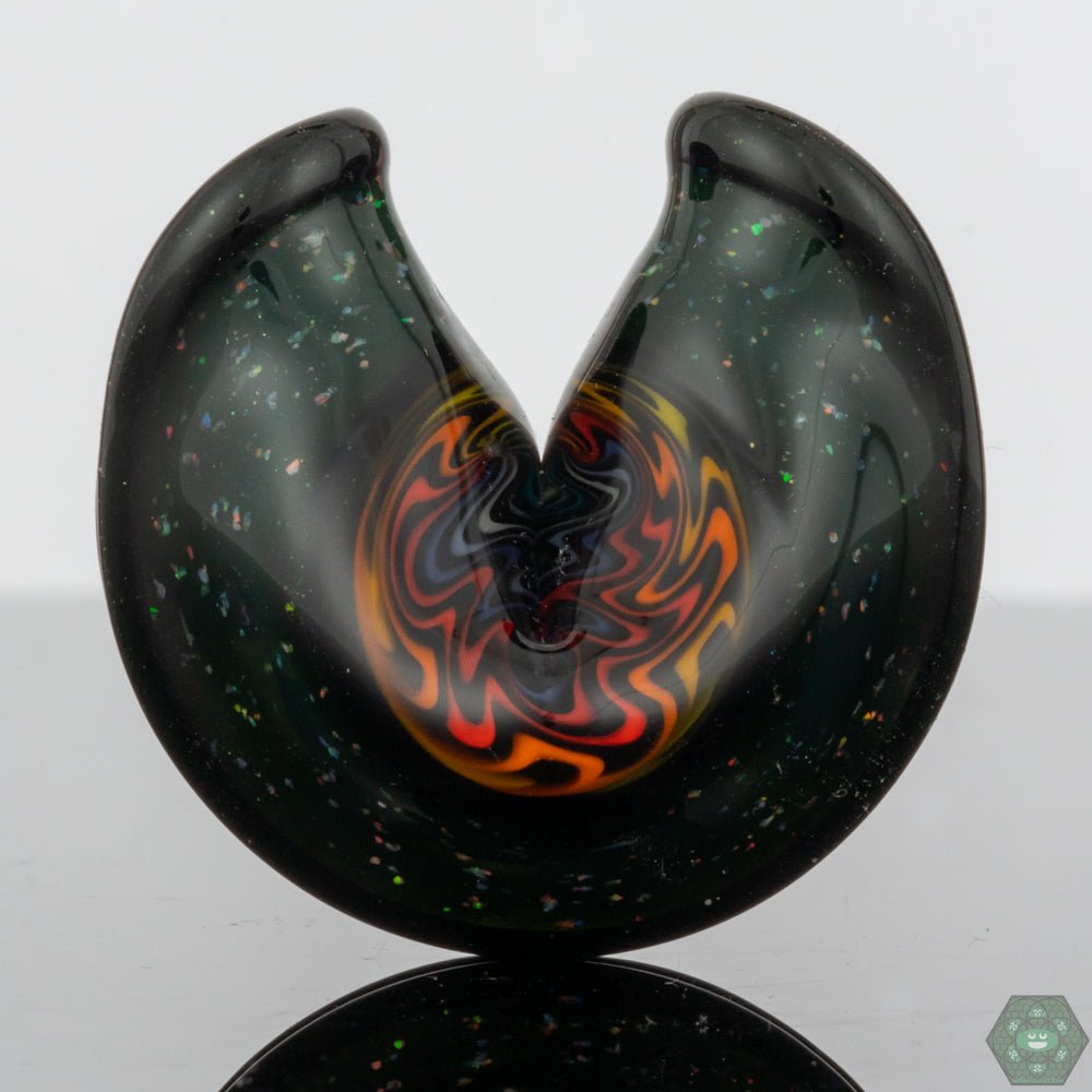 Vibrant Wig-Wag Tech Fortune Cookie Glass Pendant #1 by Dux Glass, featuring a colorful design with crushed opal and stunning UV accents, a handcrafted pendant capturing attention and sparking conversation, ideal for those who appreciate unique glass art, both a statement piece and a playful accessory.