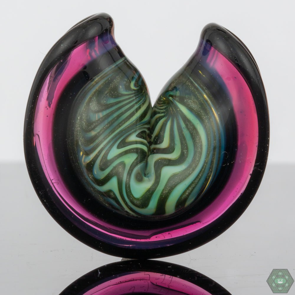  Colorful Wig-Wag Tech Fortune Cookie Glass Pendant #3 by Dux Glass, featuring a vibrant wig-wag pattern with crushed opal and UV accents, creating a stunning visual effect, perfect for collectors of unique glass art and fashion-forward individuals, a delightful way to express your personality and make your style stand out.