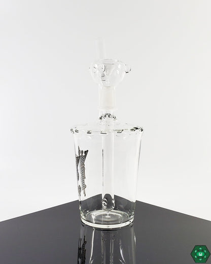 E Glass Cup 8.25-inch glass water pipe with a 14mm male 90-degree joint, compatible with various attachments.