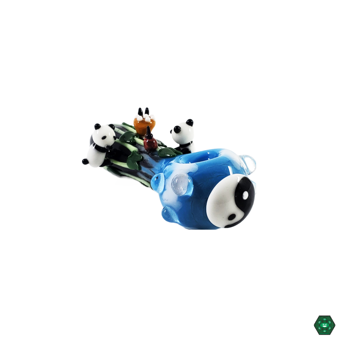 Side view of the Empire Glassworks Climbing Pandas Spoon, highlighting the detailed panda design and smooth airflow for an enjoyable smoking experience.