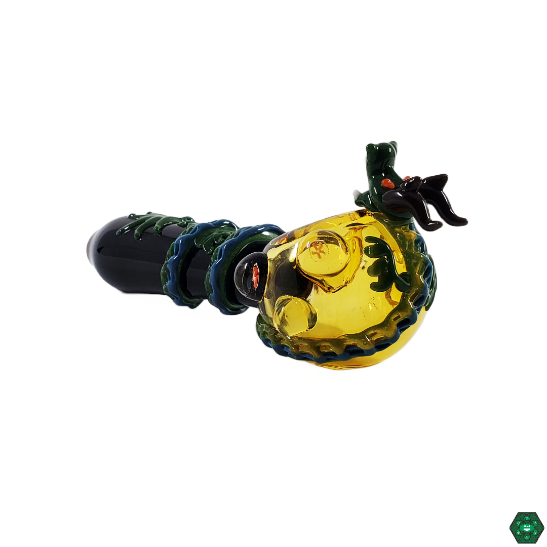 Close-up of the Empire Glassworks Dragon Sphere Spoon (Large), showcasing the intricate dragon design and smooth airflow for consistent, flavorful draws.