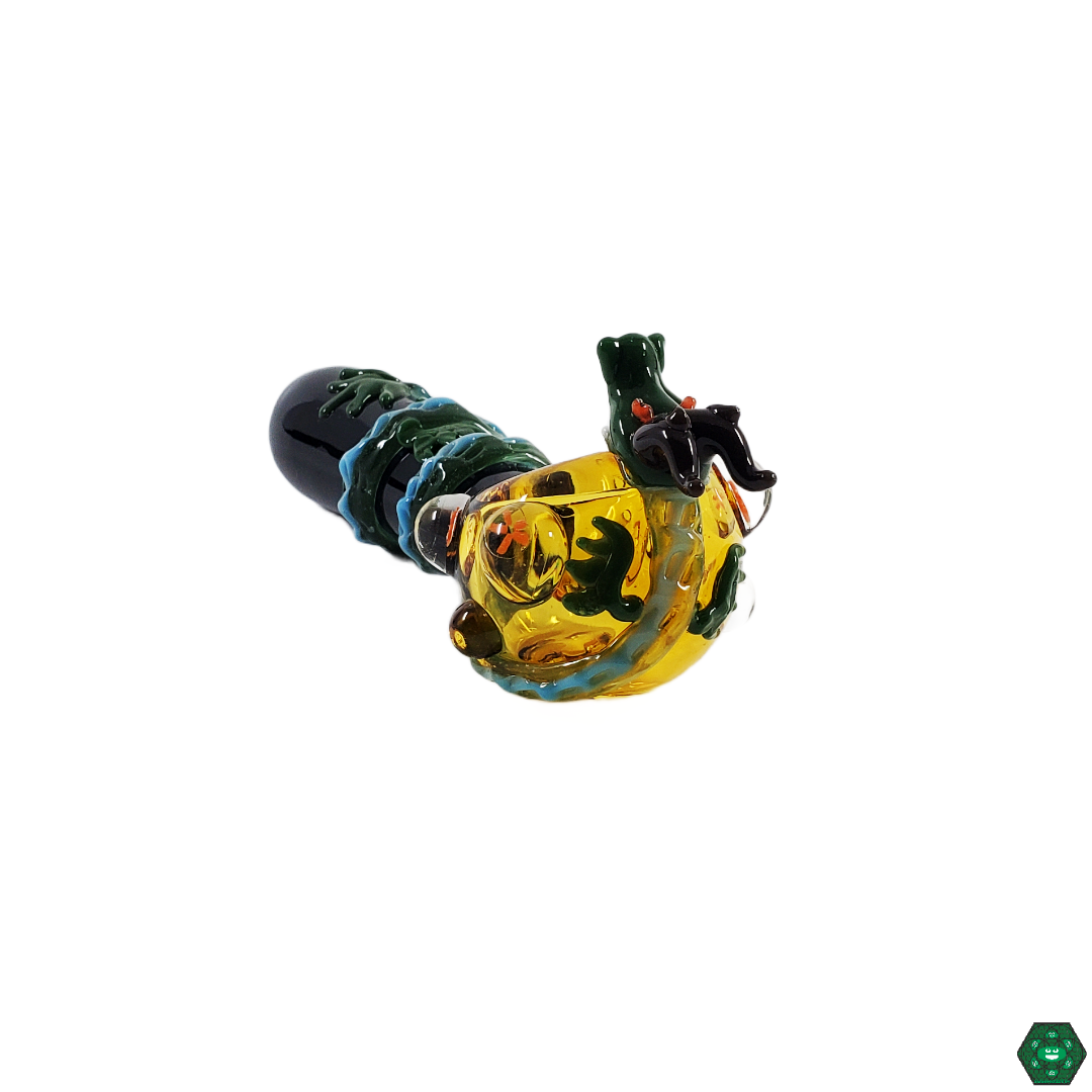 Close-up of the Empire Glassworks Dragon Sphere Spoon (Mini), showcasing the intricate dragon design and premium craftsmanship for a unique and artistic smoking pipe.