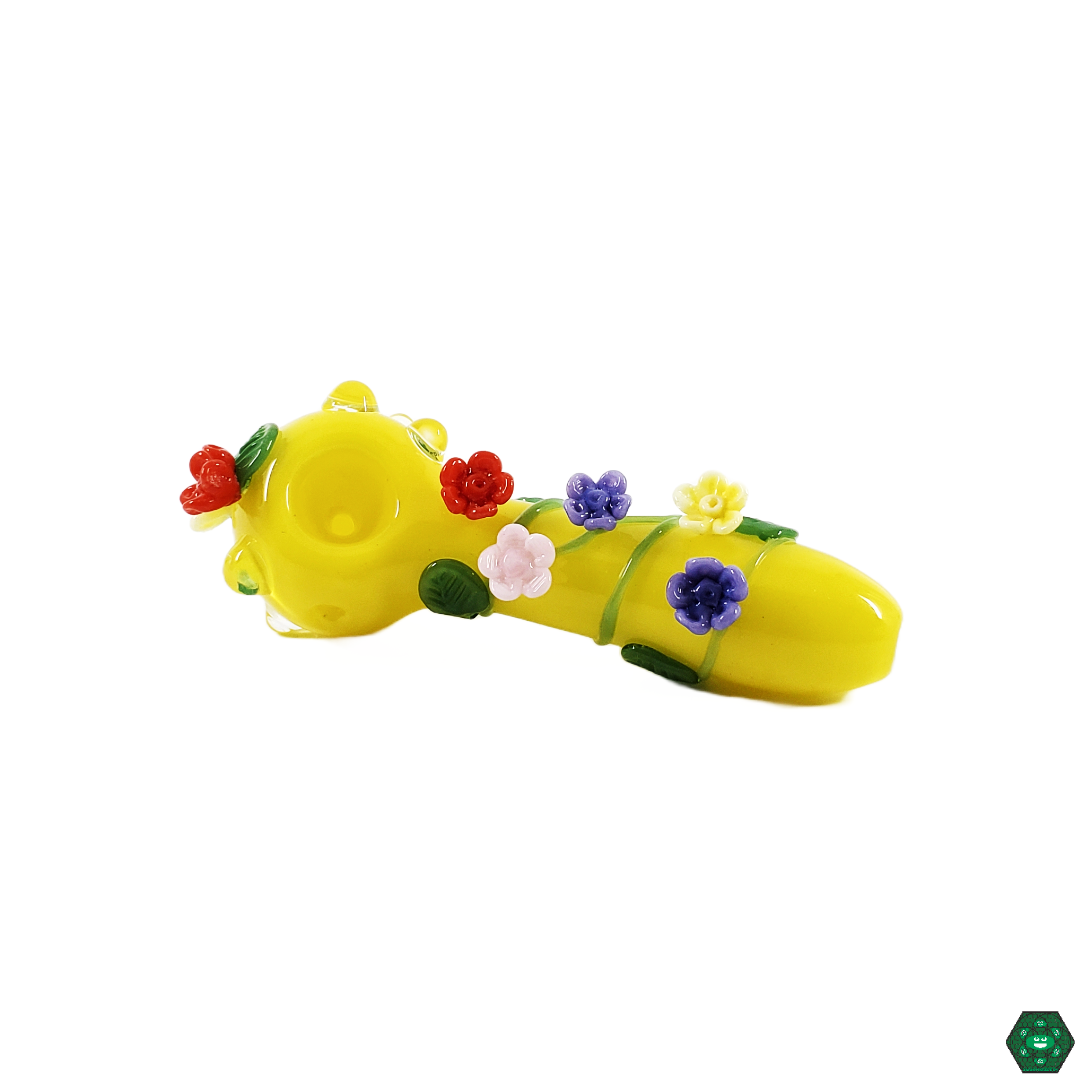  Empire Glassworks Sunshine Garden Spoon featuring colorful, hand-sculpted floral details, offering a comfortable grip and smooth pulls for an enjoyable smoking experience.