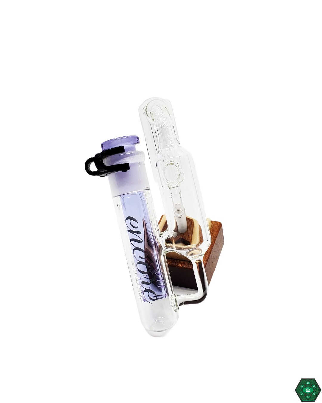 Encore Glass Dual Chamber Ash Catcher (14mm 45°), offering superior filtration to capture ash and debris for cleaner hits and glass protection.