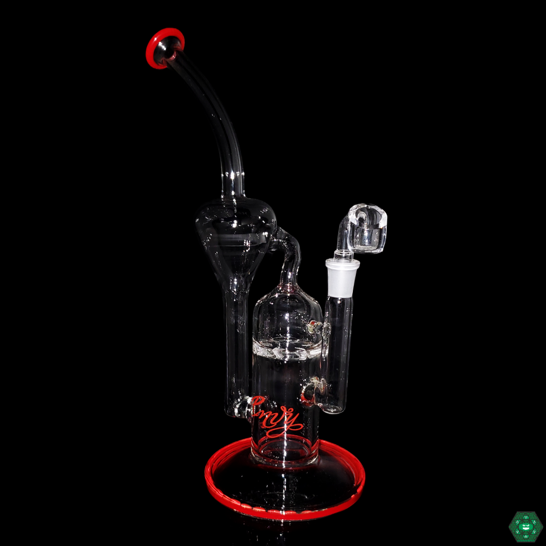 Close-up of the Envy Glass 12" Turbine Recycler, showcasing the efficient turbine perc and compact design for smooth filtration and a premium dabbing experience.