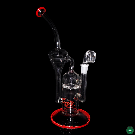 Close-up of the Envy Glass 12" Turbine Recycler, showcasing the efficient turbine perc and compact design for smooth filtration and a premium dabbing experience.