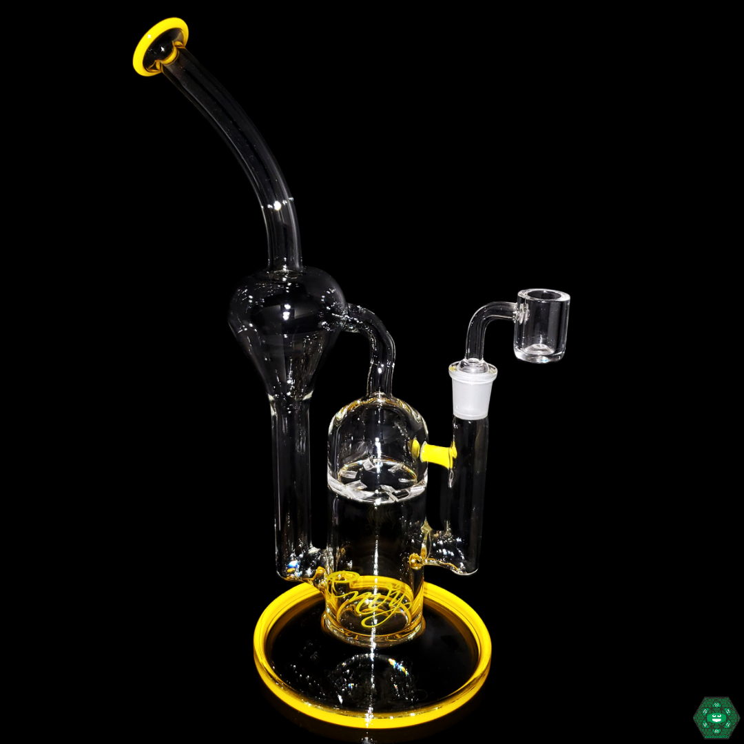 Envy Glass 12" Turbine Recycler featuring a 6-hole turbine perc, 14mm female joint, and sleek borosilicate glass construction, offering smooth, high-quality draws and splashback reduction.