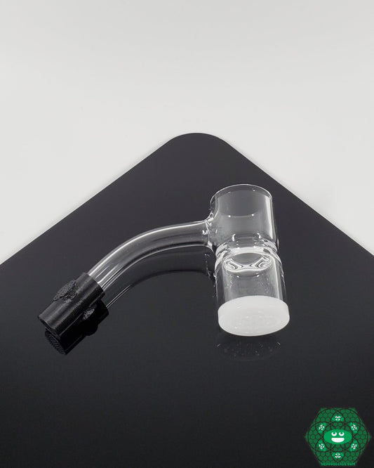 Eternal Quartz 25mm Opaque Splash Guard Banger with a 10mm male joint and 45° angle, designed for optimal heat distribution and spill prevention.
