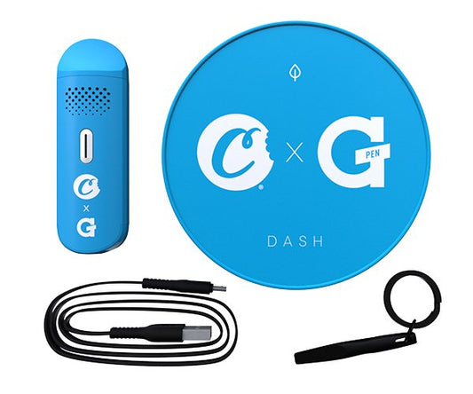 G Pen Dash Dry Herb Vaporizer: A close-up photo of the G Pen Dash vaporizer, showcasing its sleek, black design and highlighting its compact and portable form factor. The image should emphasize the device's lightweight and discreet nature, making it ideal for on-the-go use. The focus should be on the vaporizer's overall aesthetic, highlighting its modern and minimalist design.