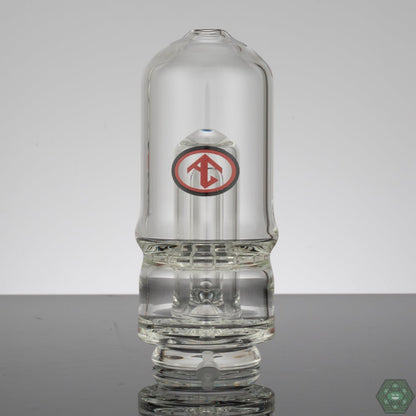 Galloway Glass - Single Ratchet Clear/Fume Attachment, a 5-inch tall, 1.5-inch diameter attachment featuring a single ratchet perc, combining clear and fumed glass for a unique aesthetic, photographed by @Heady_shots.