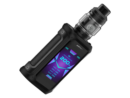 Geek Vape Aegis 200W Kit, a powerful and durable vape mod kit offering 200W output with advanced temperature control settings, shockproof, waterproof, and dustproof construction, a large, easy-to-read display for control and customization, ideal for vapers seeking performance and resilience, and compatible with a wide range of tanks and coils.