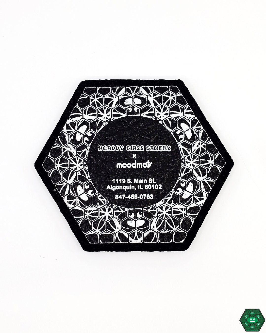 Headdy Mood Mat Hexagon, a premium glass piece protector with a hexagonal design that provides stable support for glass pieces. Crafted from high-quality, heat-resistant materials, it protects surfaces from scratches and heat damage, ideal for showcasing and preserving glass art.