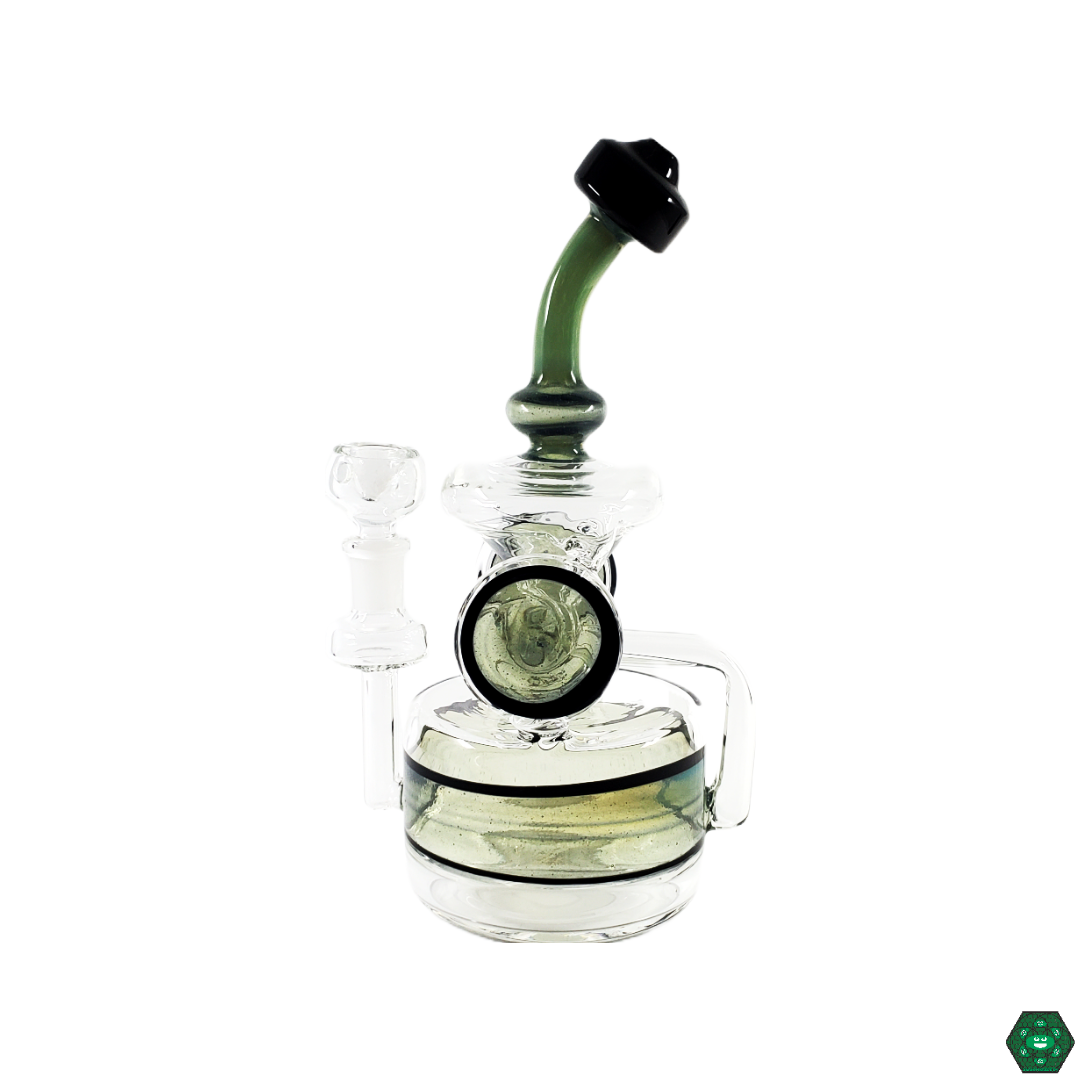 Close-up of the Glass Tribe 9" Disk Recycler, showcasing its advanced disk perc for top-tier filtration and smooth vapor production.