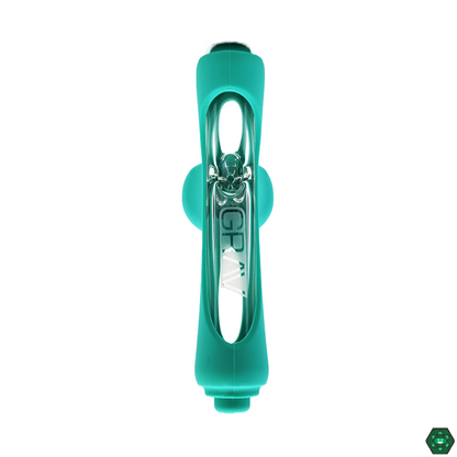 Angled view of the Grav Labs Mini Steamroller with Silicone Skin, emphasizing its unique design and sturdy silicone construction for a reliable smoking experience anywhere.
