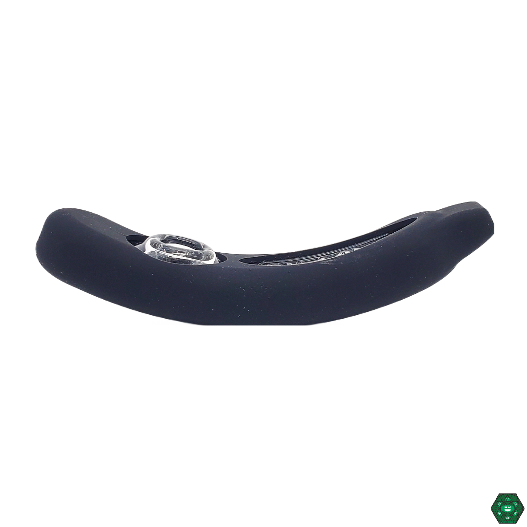 Angled view of Grav Labs Rocket Steamroller with Silicone Skin, showing the durable silicone skin and the smooth, clear glass design for excellent airflow control.