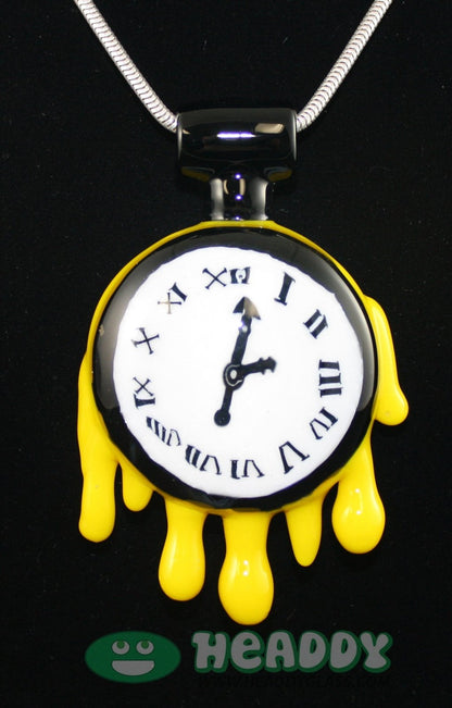 Grimm Clock Pendant, an artistic timepiece-inspired glass necklace designed for collectors and wearable art enthusiasts.