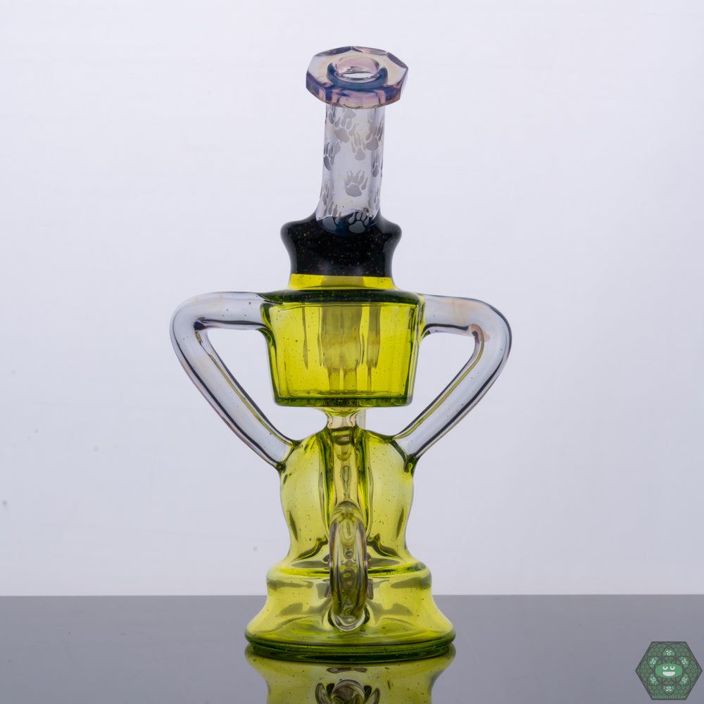 Handcrafted Dab Rig with External Drain: The Wolfe Glass Double Single External Drain Recycler showcases the artistry of handcrafted glass with a unique external drain design.
