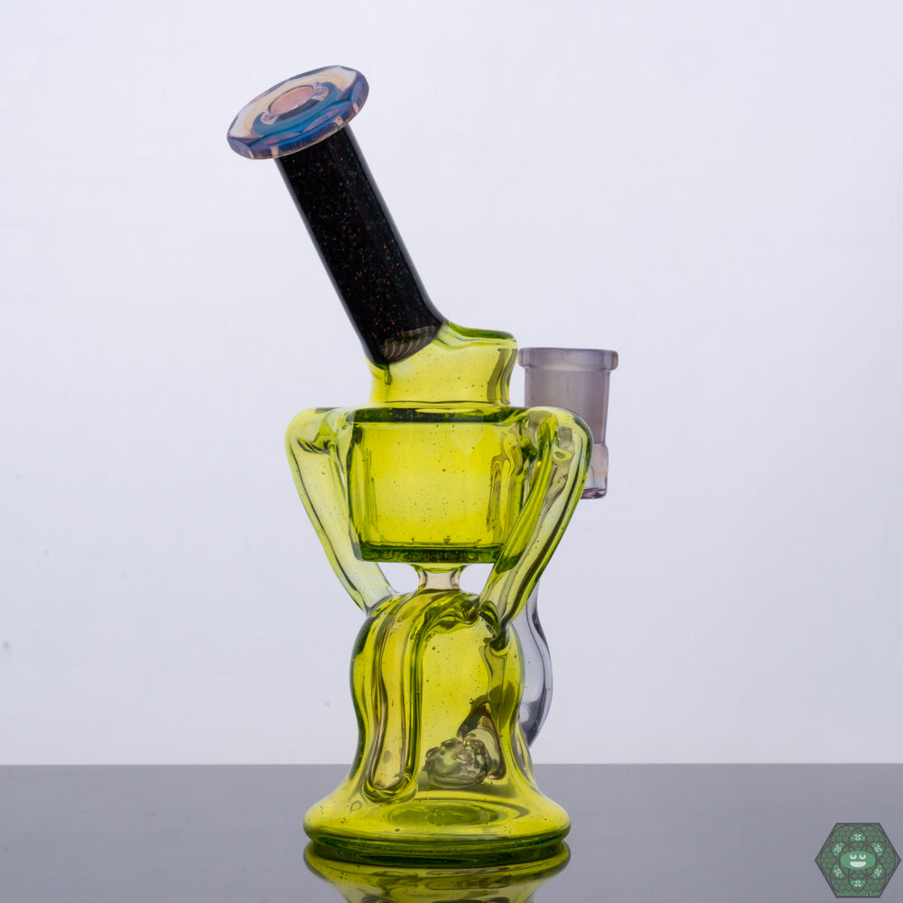 Handcrafted Glass Dab Rig: The Wolfe Glass Double Single Internal Drain Recycler #1 is a handcrafted piece, combining functionality and artistic design.