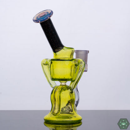 Handcrafted Glass Dab Rig: The Wolfe Glass Double Single Internal Drain Recycler #1 is a handcrafted piece, combining functionality and artistic design.