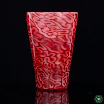 Handmade Red Brain Tech Pint Glass: This Algae Glass pint glass showcases the intricate Red Brain Tech 2 design, a unique and vibrant piece of art glass perfect for collectors and enthusiasts of handcrafted drinkware.