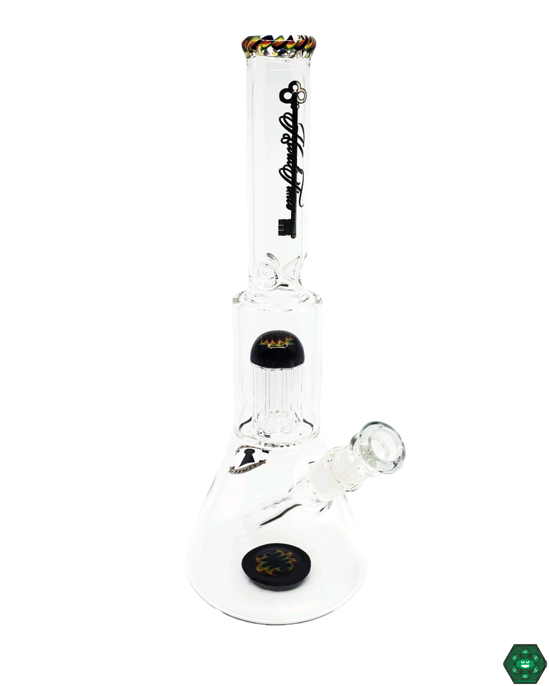  Hard Times Rasta Wig Wag 14" Beaker to Tree, a premium glass bong featuring a 6-hole perc, 8-arm tree perc, and built-in ice catcher for smooth filtration.


