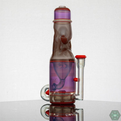 Jack Blew Glass Full Size Ramune Recycler (Red Crayon) – 8" height, stable design, and ergonomic handling, with a Headdy Mood Mat, sticker, and business card.