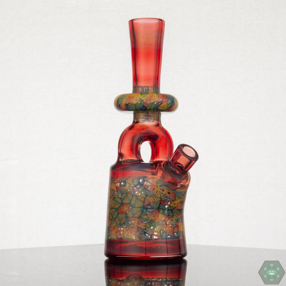 Jeff Heathbar Murrine Stirrup Bottle – Detailed art glass with murrine work, designed for glass collectors and enthusiasts of fine craftsmanship.