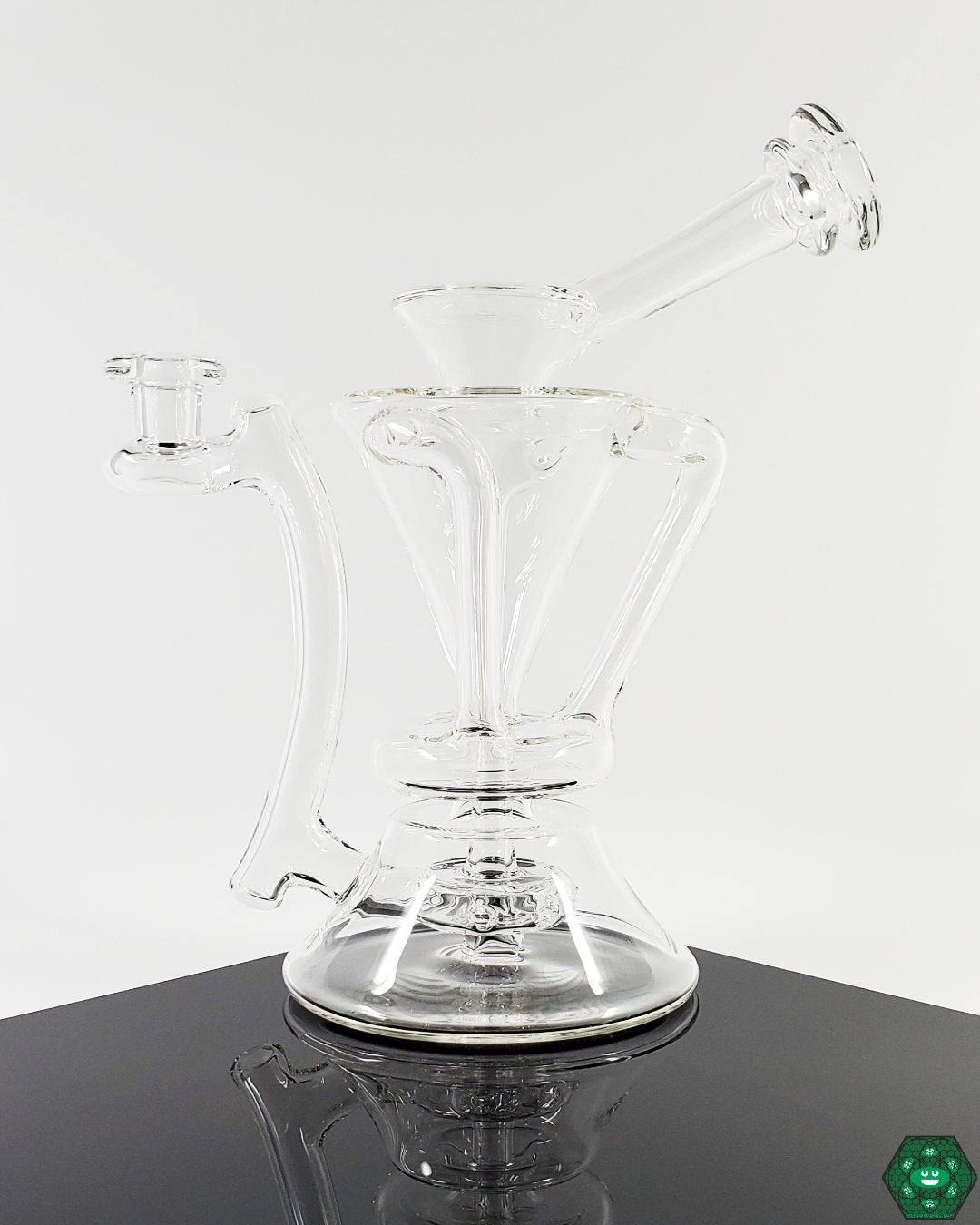 McGrew Glass Clear Internal Recycler #2 Details: Close-up showcasing the clear glass construction and internal recycling system designed for smooth hits and exceptional airflow in this high-quality recycler.