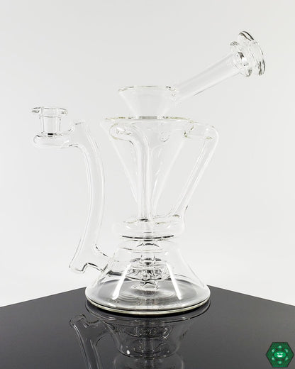  McGrew Glass Clear Internal Recycler #2 Details: Close-up showcasing the clear glass construction and internal recycling system designed for smooth hits and exceptional airflow in this high-quality recycler.