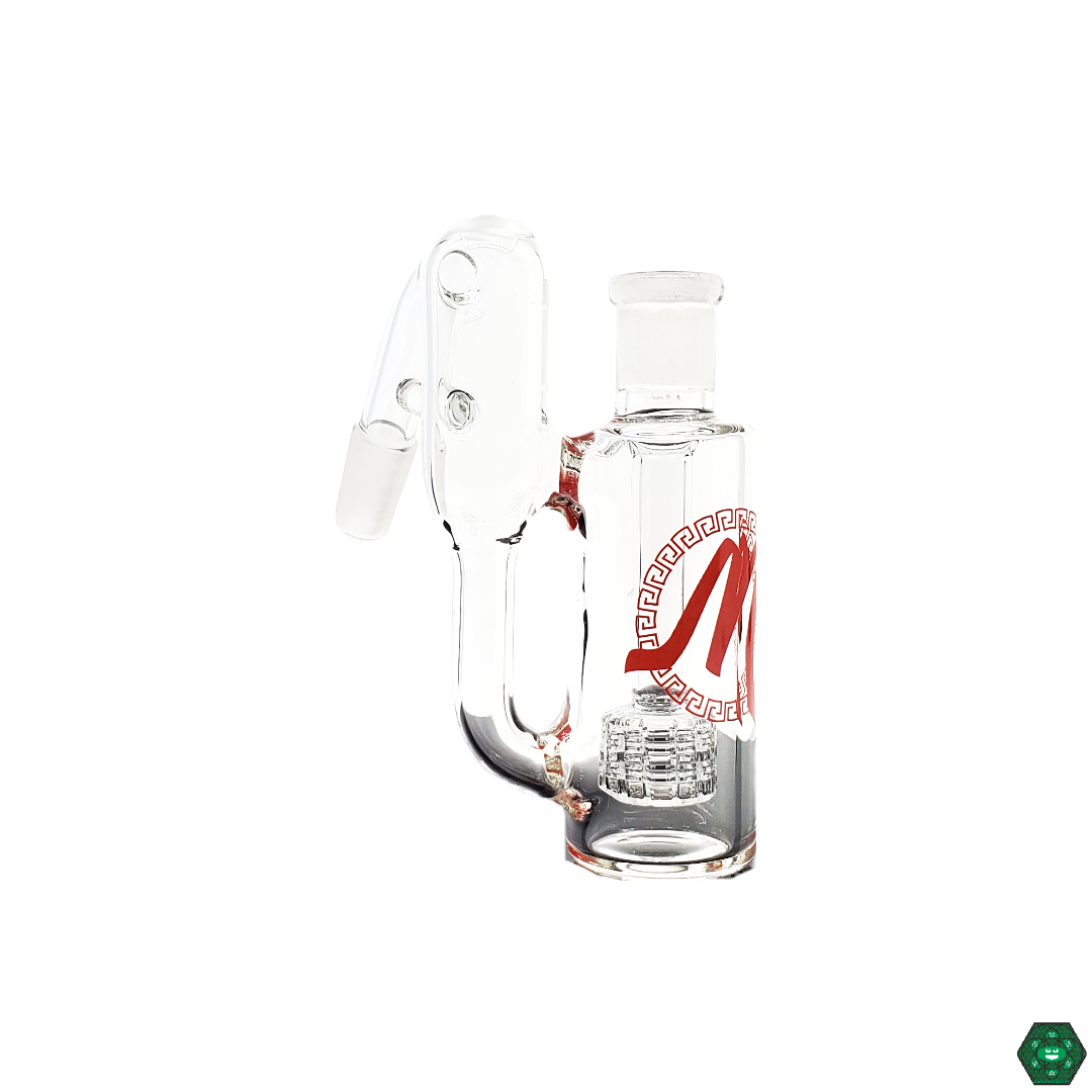  Close-up of Monark Glass 38MM Matrix Recycler Ash Catcher, highlighting the matrix perc design for smooth vapor flow and efficient filtration.