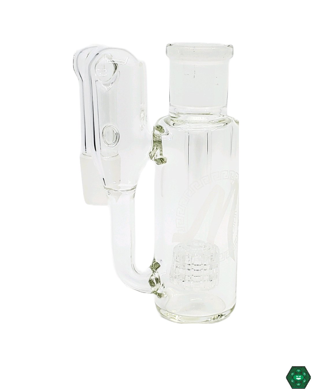 Monark Glass 38MM Matrix Recycler Ash Catcher in use, demonstrating its filtration capabilities and sleek design for enhanced dabbing sessions.