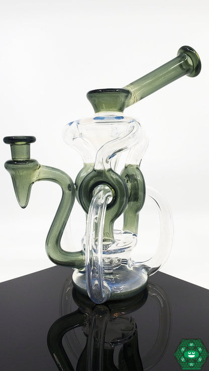 OTW Glass Ghosted Ghost TDTDR Recycler – 10mm female joint, 7-hole perc, and 8-inch height designed for smooth, filtered hits and dabbing efficiency.